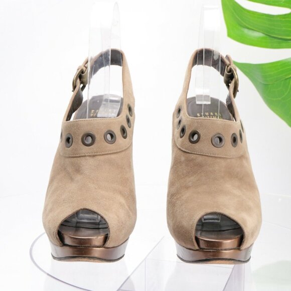 Stuart Weitzman Womens Portside Sandal Size 7 Tan Suede Slingback Peep Toe Heels - Picture 4 of 12